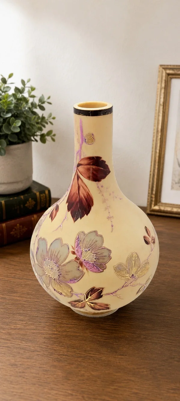 Floral Moriage Style Vase Raised Enamel Pink Gold Cream Decorative 9